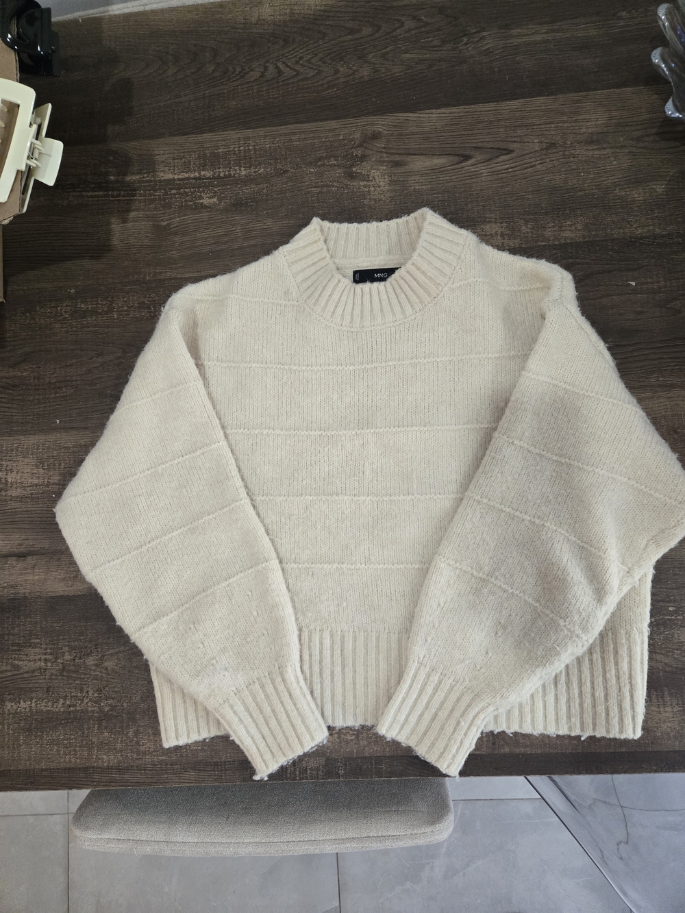 Mango Cream Ribbed Crewneck Sweater